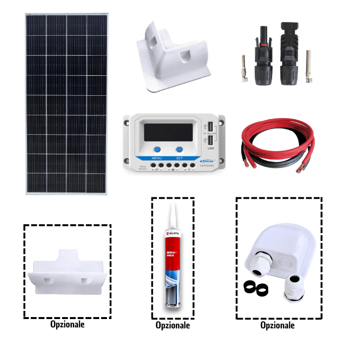 Kit fotovoltaico 200W per roulotte pannello solare staffe e accessori