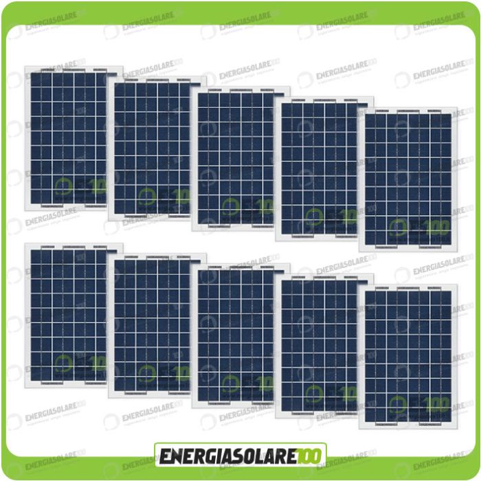 Set 10 Pannelli Solari Fotovoltaici 10W 12V multiuso Pmax 100W Baita Barca