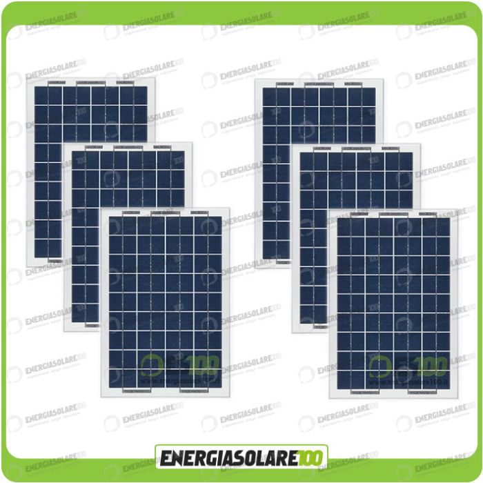 Set 6 Pannelli Solari Fotovoltaici 10W 12V multiuso Pmax 60W Baita Barca